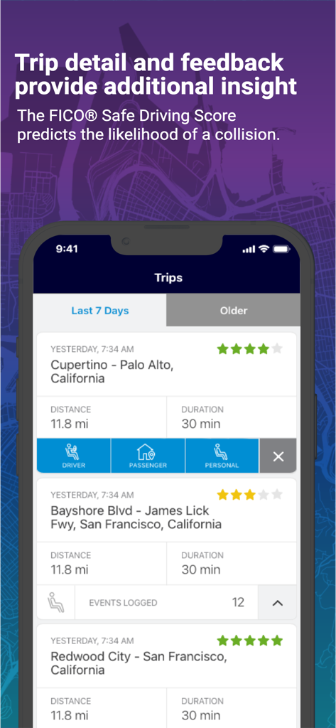 Mentor Business by eDriving℠ - A smartphone interface displaying a list of driving trips with safety star ratings and distance details