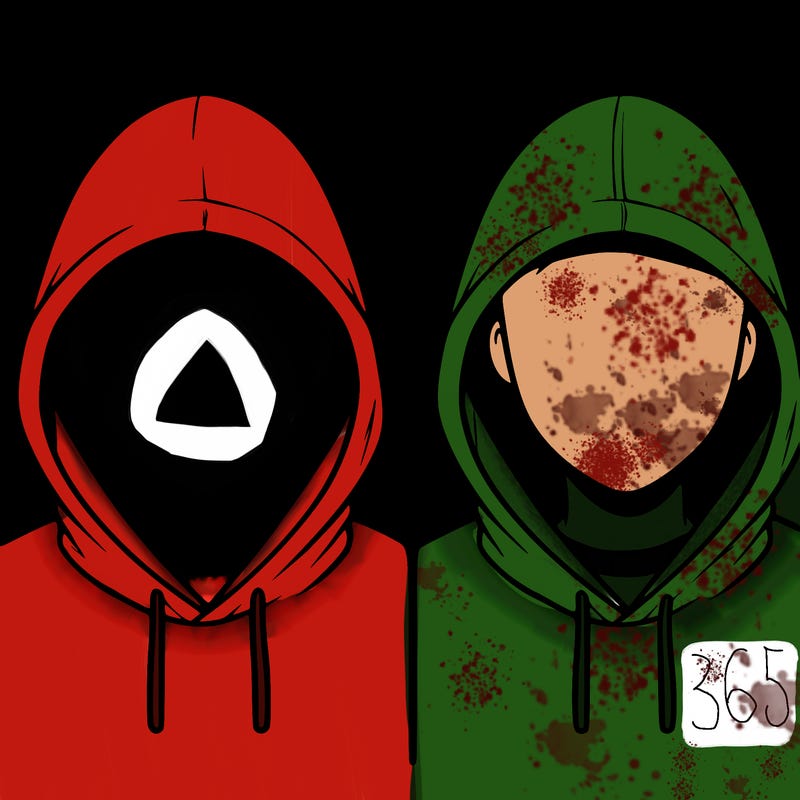 a person with a hoodie and no face, the drawing is split in 2
