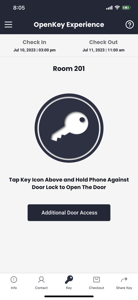 OpenKey - OpenKey mobile app interface displaying a digital key for hotel room 201 with check-in and check-out details