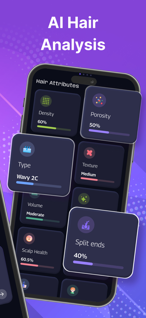 Hair AI: Hair Scanner & Care - AI hair analysis dashboard showing metrics for hair density porosity type texture and scalp health
