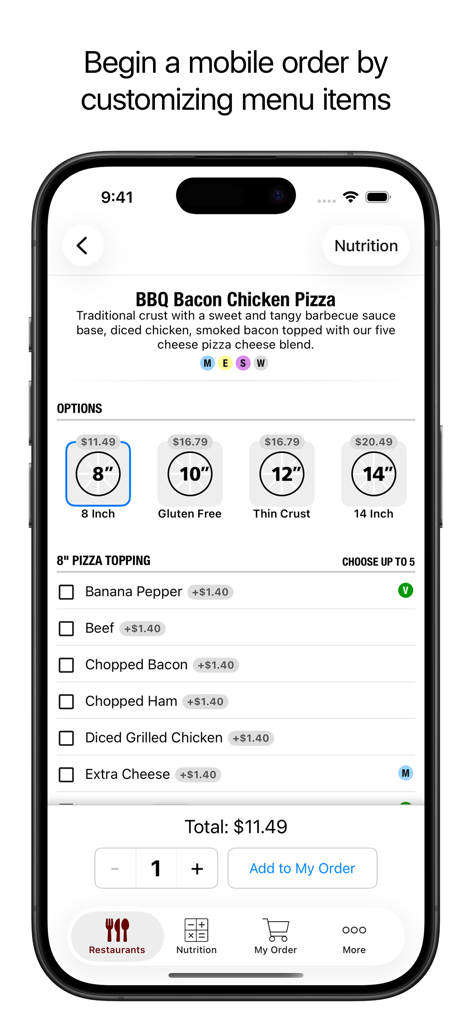 Florida Tech Campus Dining - Mobile app screen for Florida Tech Campus Dining showing the customization options for a BBQ Bacon Chicken Pizza including size and toppings