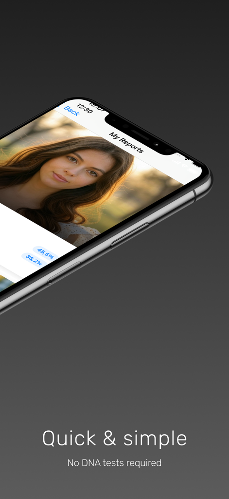 Ancestry & Ethnicity: Face DNA - Un smartphone affichant l'interface de l'application Ascendance et Ethnicité avec un rapport d'analyse faciale et le slogan Rapide et simple, Pas de tests ADN requis.