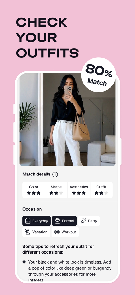 Outfit Maker & Planner: Stylix - Stylix Mobile-App-Bildschirm, der das Outfit einer Frau mit einer Übereinstimmungsquote von achtzig Prozent und einer detaillierten KI-Stilanalyse zeigt