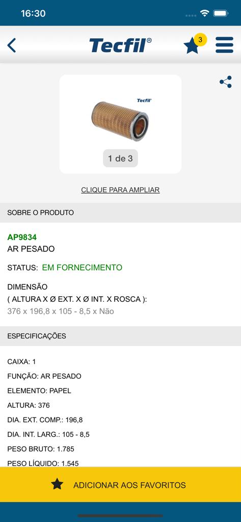 Filtros Tecfilモバイルアプリでの大型エアフィルターの技術仕様と寸法。