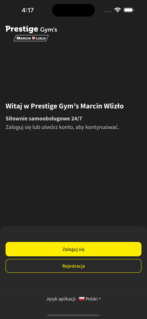 Welcome screen of the Prestige Gyms Marcin Wlizło mobile app featuring login and registration buttons in a dark-themed interface.