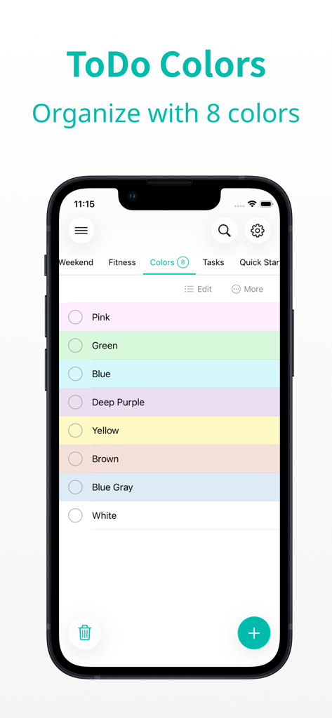 Minimal Tabbed ToDo List app interface showing task organization using eight different colors