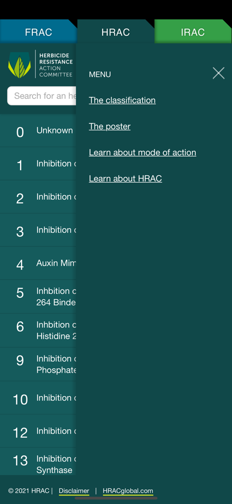 Global Resistance Management - グローバル抵抗性管理アプリのHRAC除草剤分類のサイドメニュー