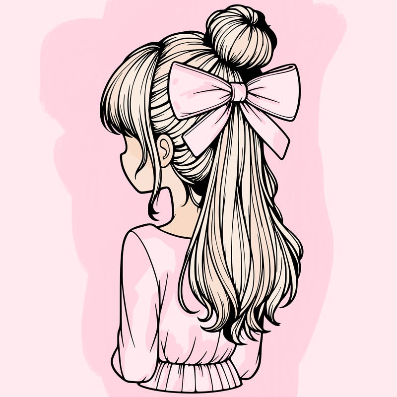 realistic girl  with hip length hair a bun and a big bow on the back of head