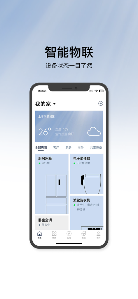 Smartphone interface of the Panasonic Smart app showing a dashboard of connected home appliances and real-time device status.