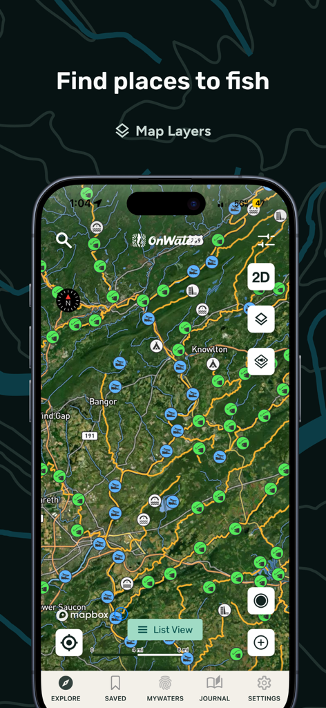 onWater Fish Maps & Forecast - Screenshot of the onWater app showing a satellite map with multiple fishing location markers and map layer options