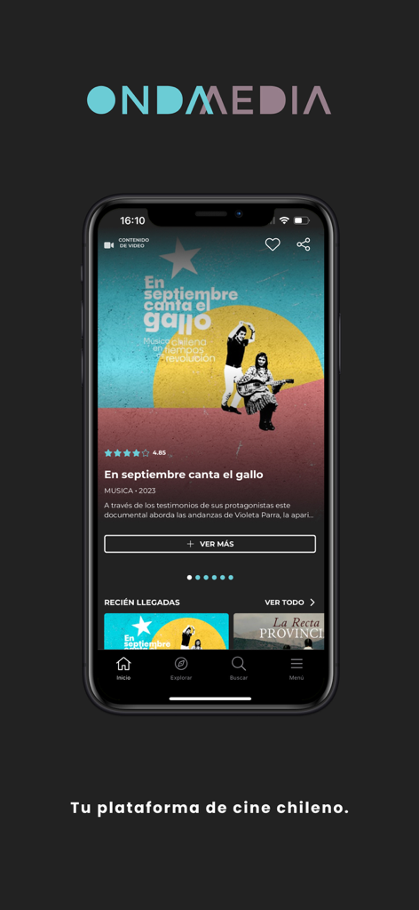 OndaMedia - OndaMedia app interface showcasing a Chilean documentary with a description and play options.