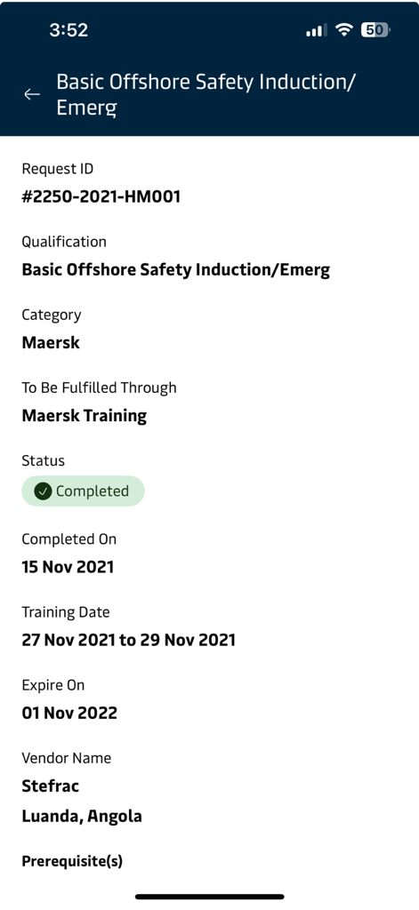 Visão detalhada de uma qualificação de treinamento concluída de Introdução à Segurança Offshore Básica, incluindo data de validade e informações do fornecedor