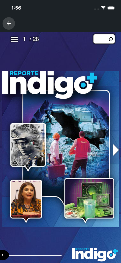 Reporte Índigo - Digital magazine cover on the Reporte Indigo news app interface.