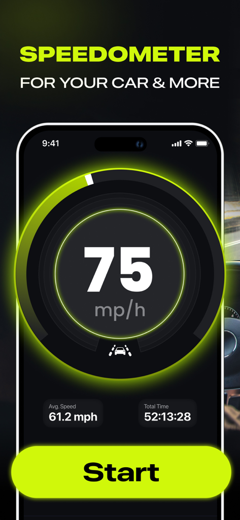 MPH Speedometer app showing 75 mph on a high-contrast digital display for vehicle dashboard use