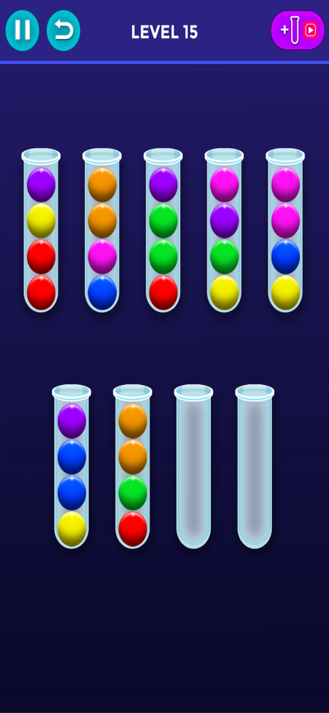 Ball Sort : Color Puzzle Game - Écran de jeu de Ball Sort Color Puzzle Game montrant des boules colorées dans des tubes en verre pour le tri.