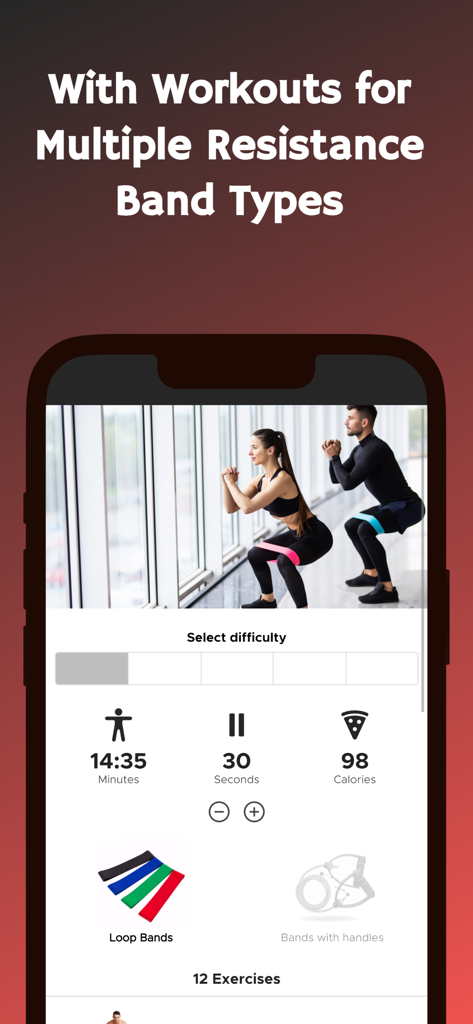 Resistance Band Workout Plan - Bildschirm der Workout-App, der Loop-Band-Übungen und Schwierigkeitsauswahl zeigt