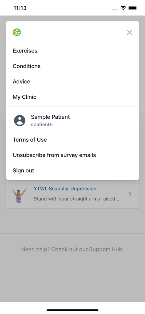 navigation menu of HealthCom app showing exercises conditions advice and user profile information