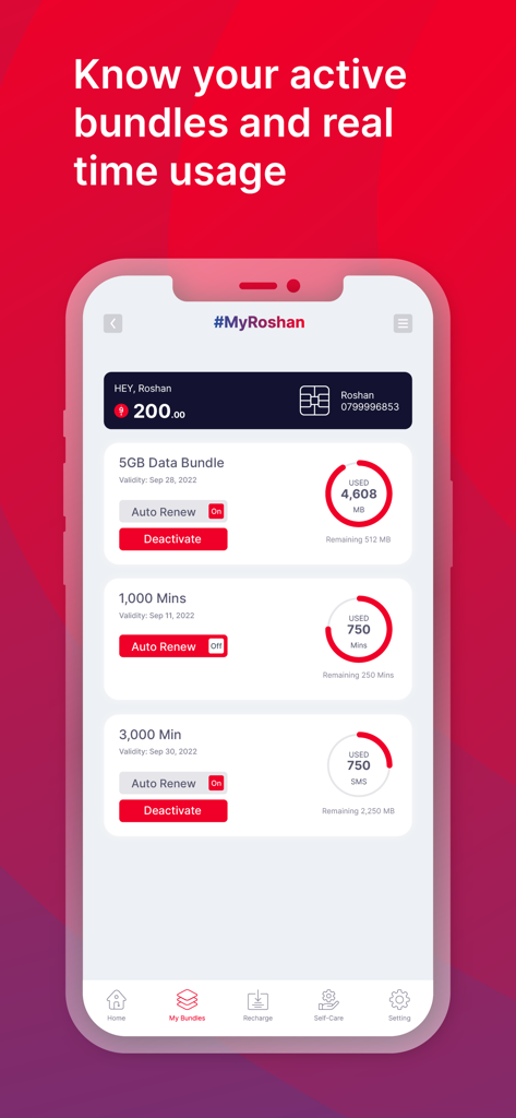 My Roshan - Mobile screen of My Roshan app showing active data and call bundles with real time usage tracking and management options.