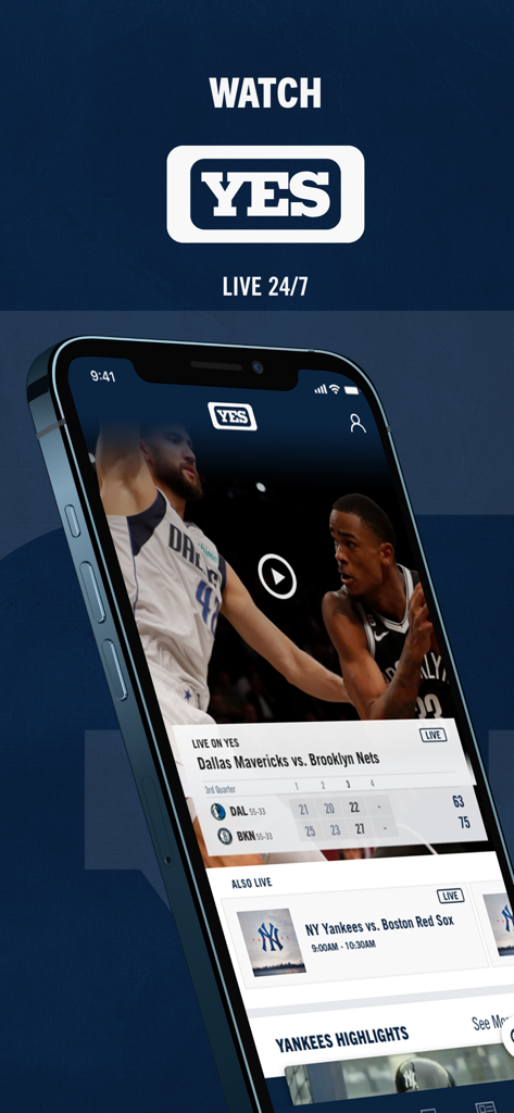 YES Network - The YES Network app interface on a smartphone displaying live Brooklyn Nets basketball and New York Yankees game options