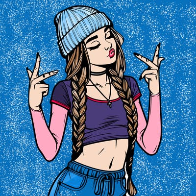 realistic teenage girl with braids and a beanie and crop top doing 🫶🏼