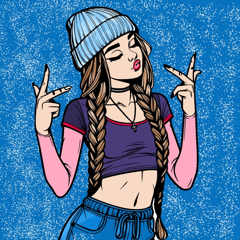 realistic teenage girl with braids and a beanie and crop top doing 🫶🏼