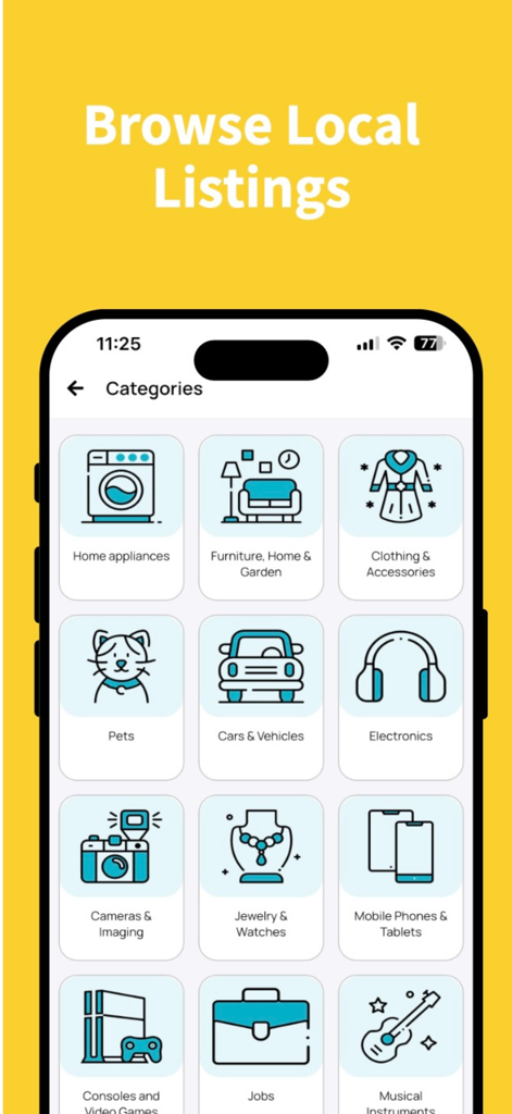Lynk mobile app interface displaying various local marketplace categories for buying and selling