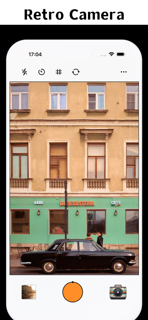 The camera interface of Daxx Cam showing a vintage film photo of a classic car parked in front of a retro cafe