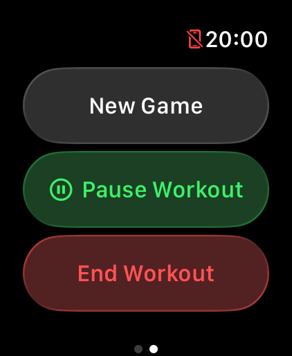 ShuttleTrack - ShuttleTrack app interface on an Apple Watch showing options to start a new game, pause workout, or end workout.