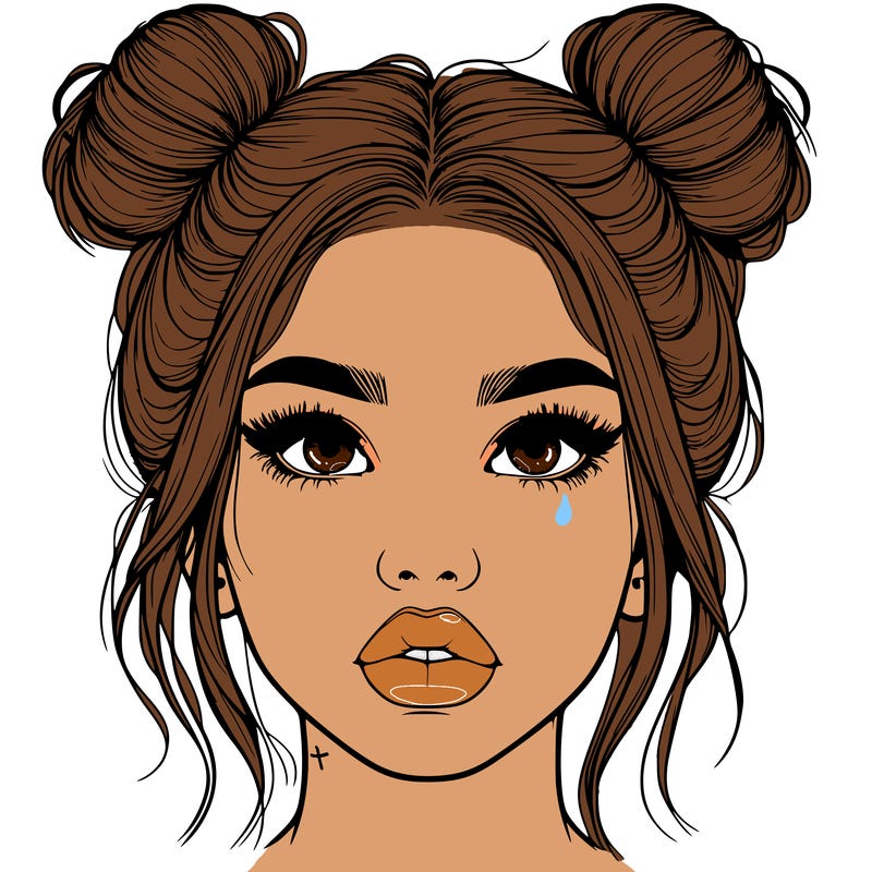 realistic girl with two buns on her hair and lips