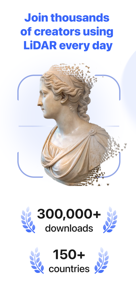 3D LiDAR Scanner - Gráfico mostrando um escaneamento de escultura de busto 3D com estatísticas de 300.000 downloads em mais de 150 países.