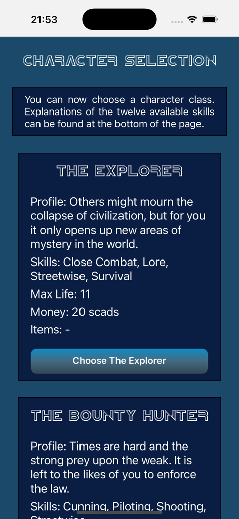 Character selection screen in Heart of Ice featuring The Explorer and The Bounty Hunter classes