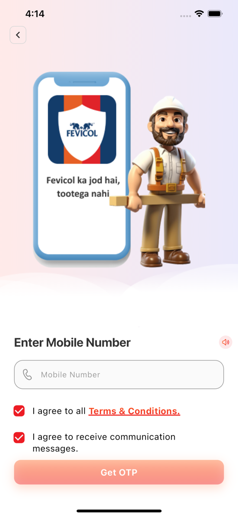 Anmeldebildschirm für die Fevicol Champions Club-App mit einem Feld zur Eingabe der Mobiltelefonnummer und einer Tischlerillustration