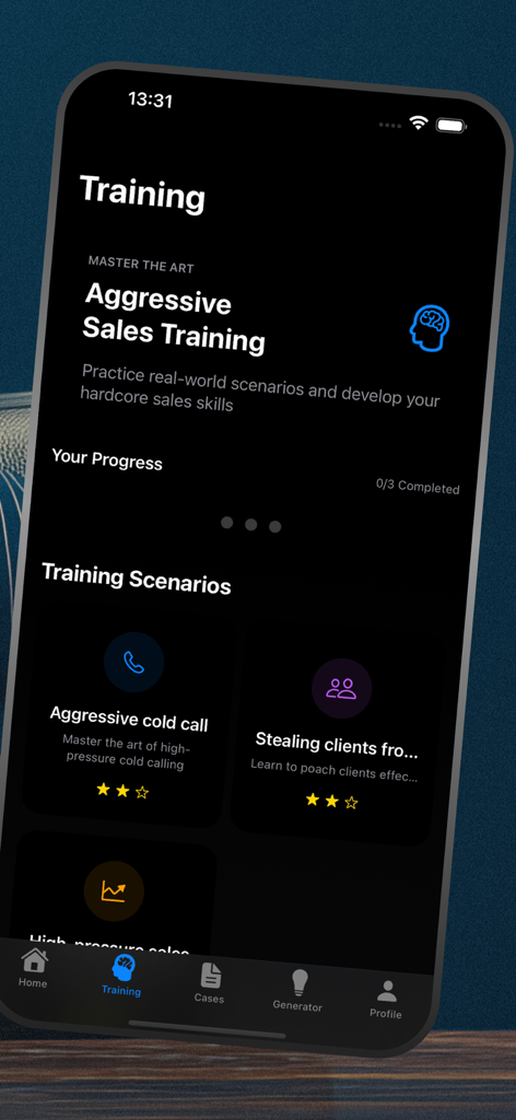 Seagull Rope - Seagull Rope app screen displaying various aggressive sales training scenarios including cold calling and client acquisition.