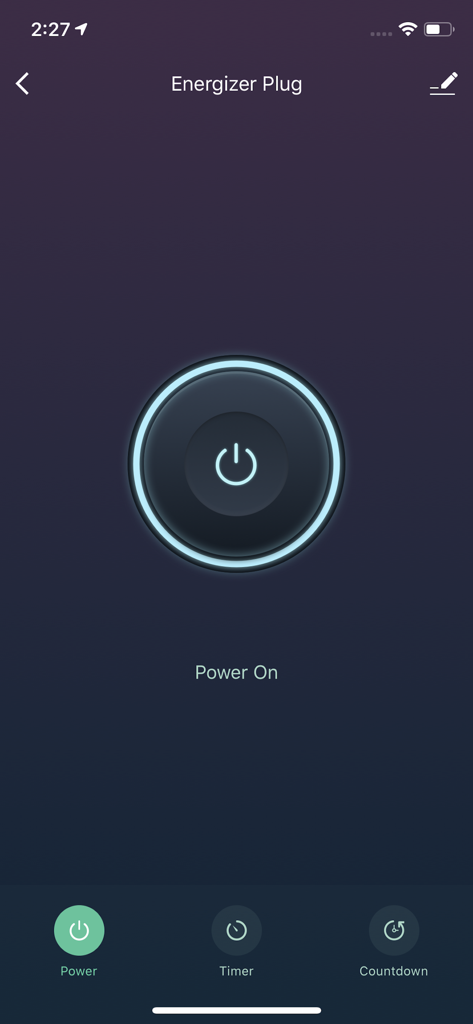 ENERGIZER SMART - Interface of the Energizer Smart app showing remote power control for a smart plug with timer and countdown options.
