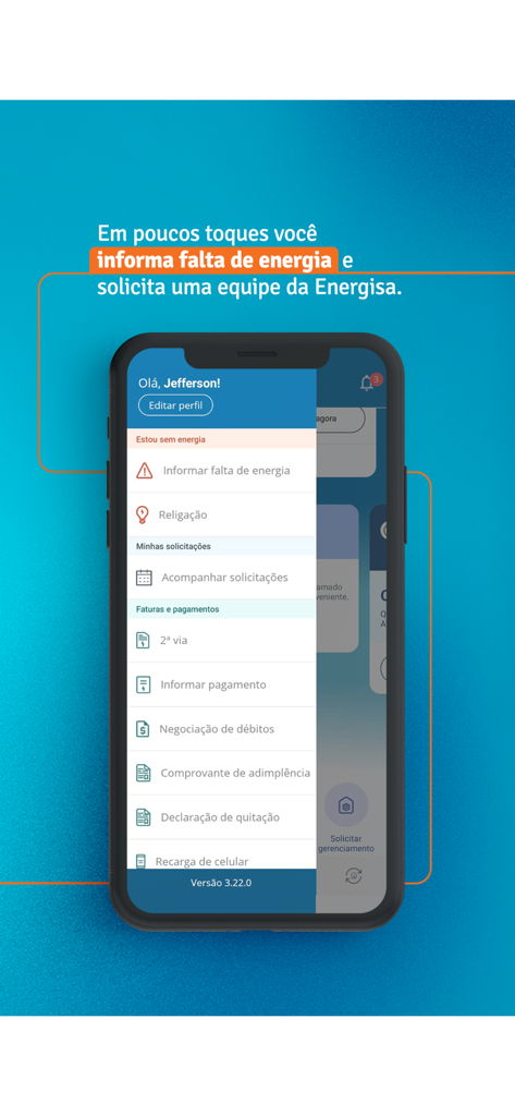 Menu do aplicativo móvel Energisa On mostrando opções para relatar falta de energia e gerenciar contas de eletricidade.