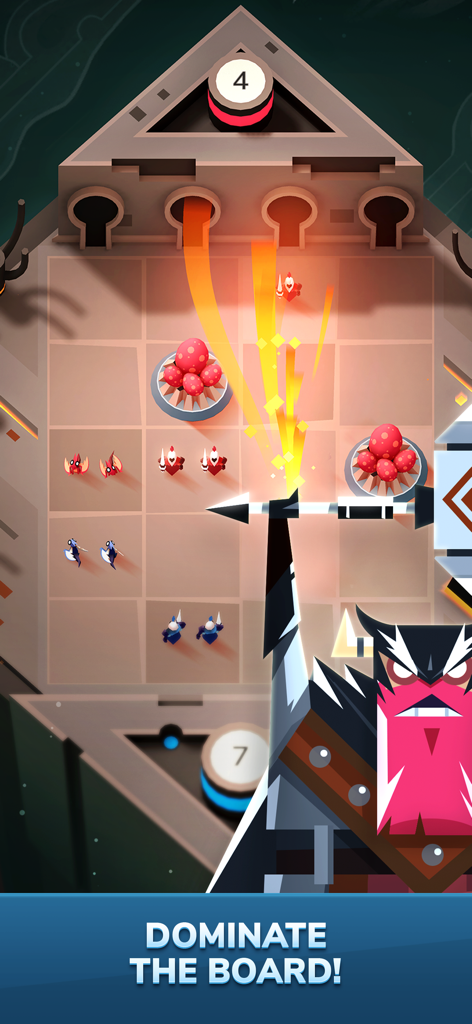 Une bataille de cartes tactique dans Stormbound montrant des unités sur un plateau de grille avec le texte Dominate the Board.