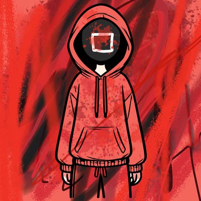 faceless girl in a tracksuit with a hood on and no hair