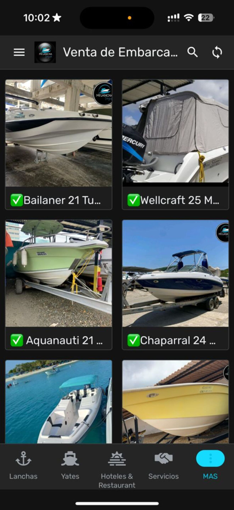 MIlanchaV - A mobile app interface for MIlanchaV showing a grid of different boats available for rental and sale with categories for yachts and hotels.