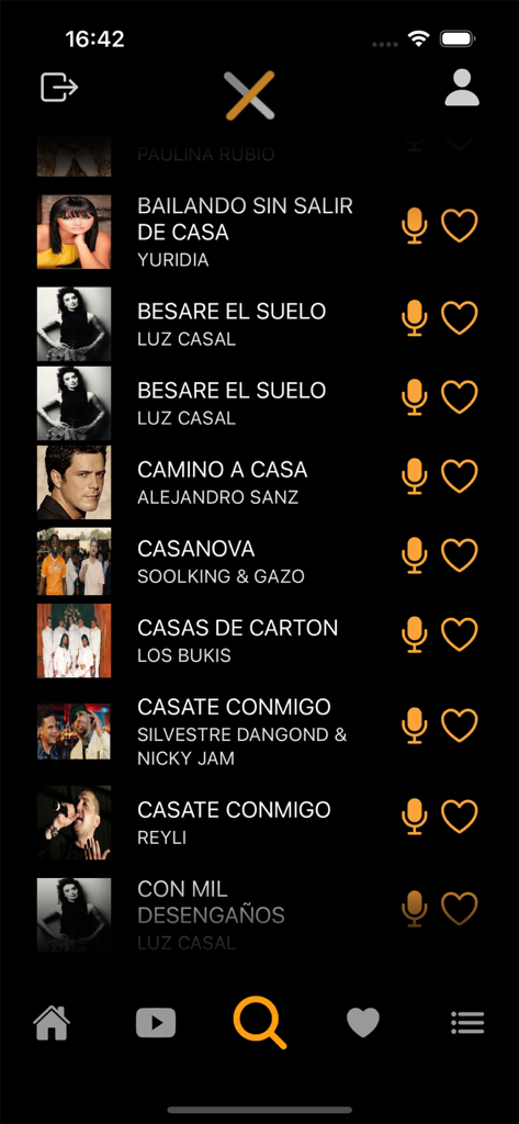 Listados KaraokeMedia ProX - A mobile app screen showing a list of karaoke songs with artist thumbnails and request buttons.