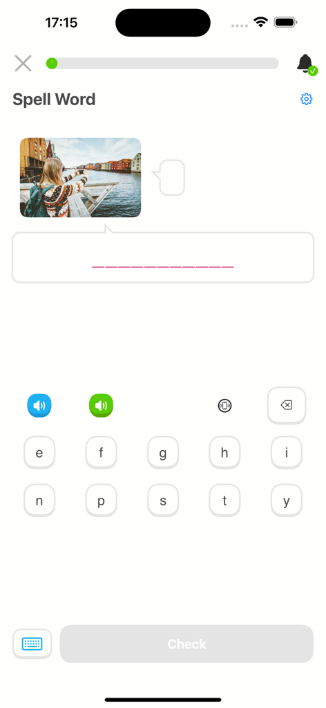 2000 Core English Words (2) - 사진 프롬프트와 문자 선택 타일이 있는 2000 필수 영어 단어 앱의 철자 연습 화면
