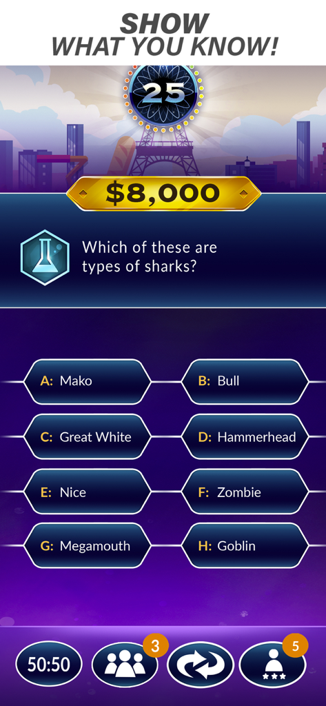 A gameplay screen from Millionaire Trivia showing a multiple-choice question about types of sharks with classic lifelines at the bottom.