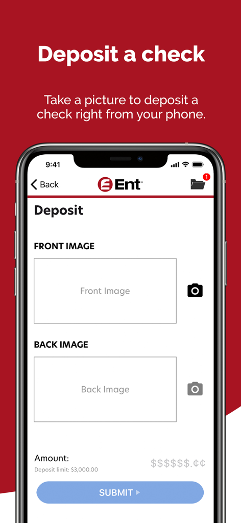 Ent Mobile Banking - Mobile check deposit screen in the Ent Mobile Banking app showing front and back image upload fields