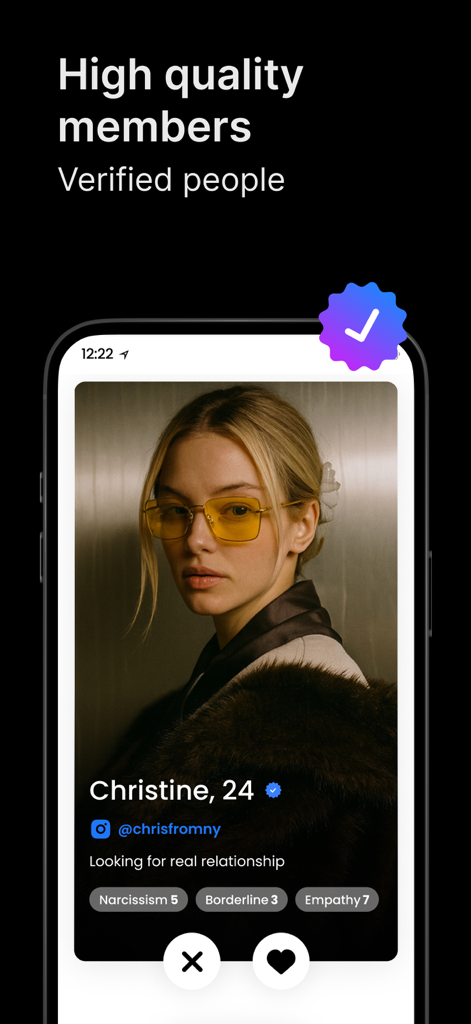 SoulMatcher: Premium Dating - SoulMatcher app screenshot showing a verified member profile with psychological trait scores like empathy and narcissism
