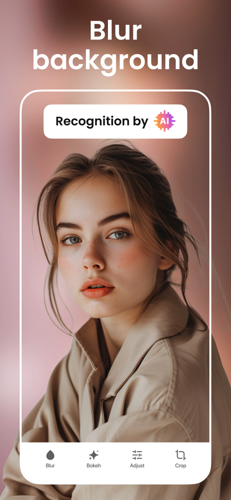 Motion Blur: Photo, Background - Interface do aplicativo mostrando um desfoque de fundo profissional com IA em uma foto de retrato