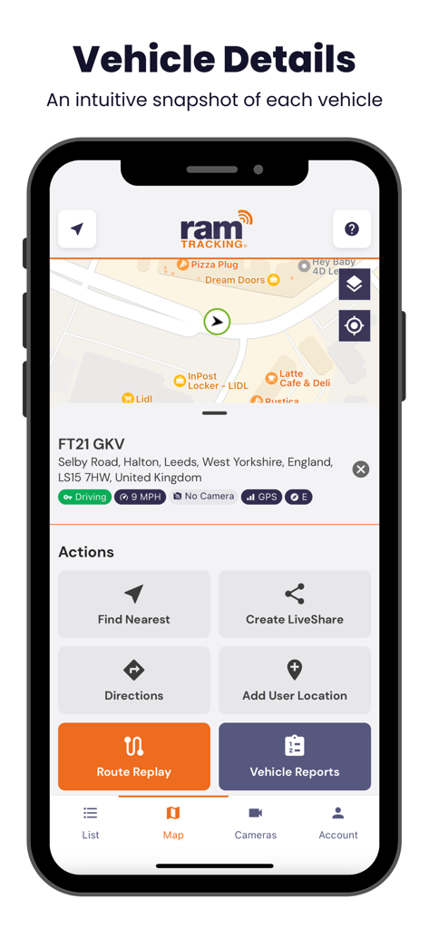 RAM Tracking mobile app screen showing real-time vehicle details on a map with action buttons like route replay and vehicle reports.