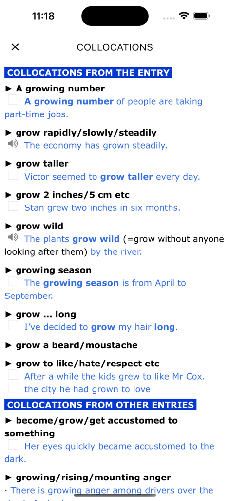 English Dictionary - LDOCE 6th - Screenshot of the collocations feature in the Longman Dictionary app showing word combinations and example sentences for the verb grow.