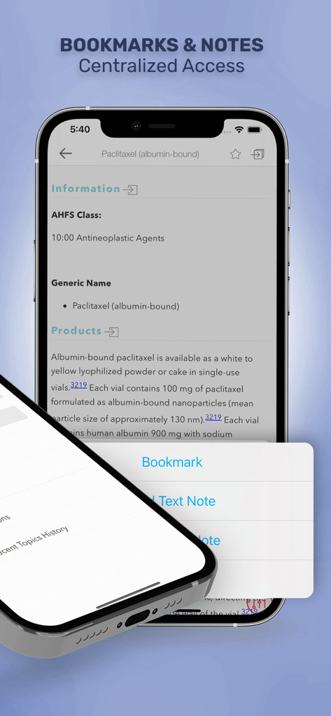 Handbook on Injectable Drugs - Mobile screen showing bookmarks and notes options for Paclitaxel drug information in the Handbook on Injectable Drugs app