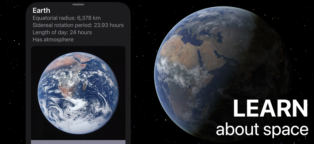 Celestia - Space Simulator - Celestiaアプリの、惑星データと宇宙学習テキストが表示された地球の3Dモデル