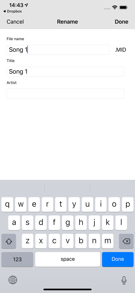 MusicSoft Manager - A screen within the MusicSoft Manager app showing the interface to rename a MIDI song file including title and artist fields.