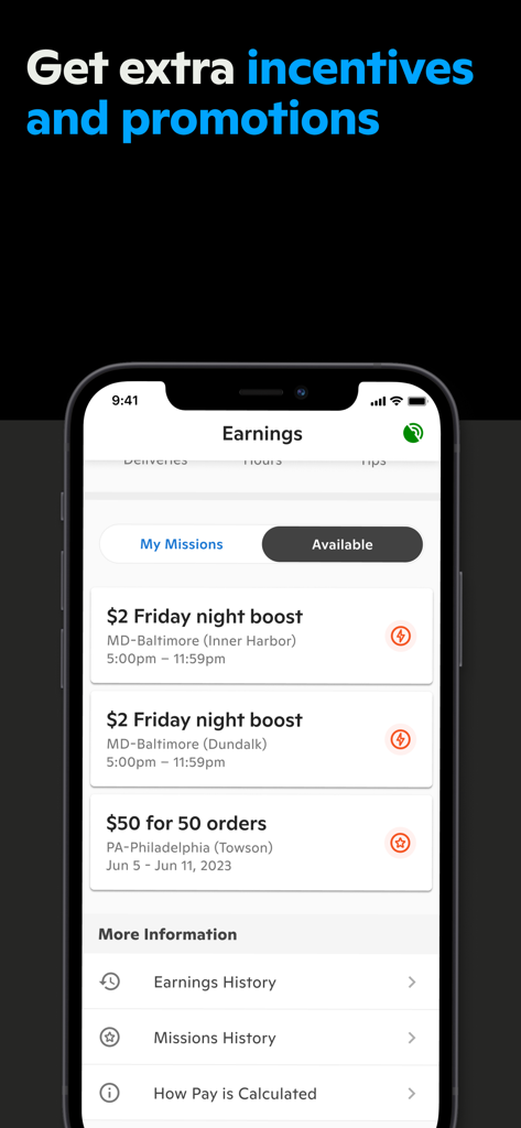 Gopuff Driver - Gopuff Driver App-Bildschirm mit Missionen und Lieferangeboten